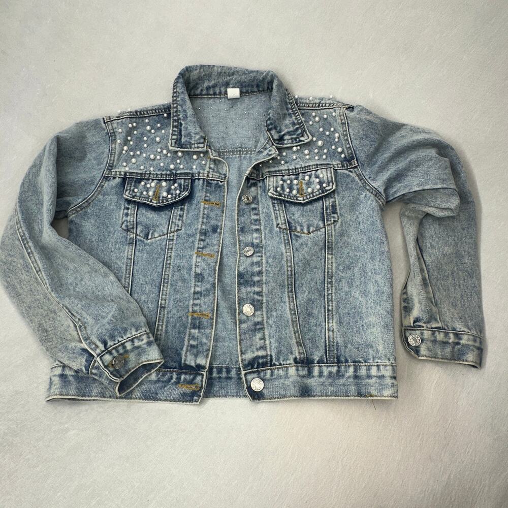Faux Pearl & Rhinestone Embellished Denim Jacket Acid Wash Trucker Fits M
